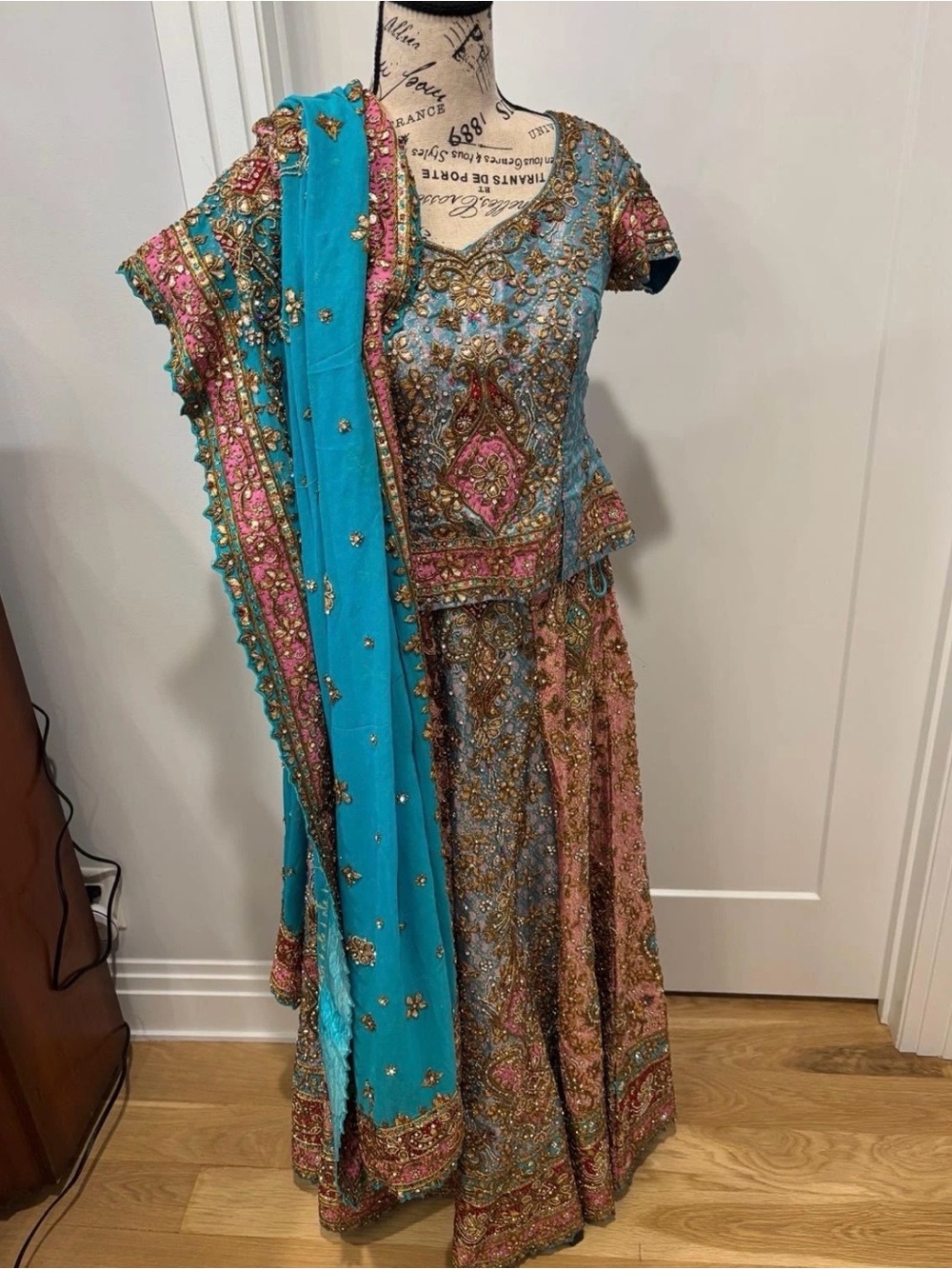 Beaded Turquoise & Pink Embroidered Maxi Dress
